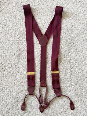Burgundy Stripe Suspenders Woven Button End Braces Brown Leather Formal Wedding